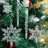 Christbaumschmuck Schneeflocken Eiszapfen Anhänger, 42 Stücke Weihnachtsbaum Schneeflocken Dekorationen, Weihnachtsbaum Eiszapfen Deko Weihnachtsbaumschmuck, Acryl Eiszapfen Schneeflocken Deko