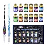 OFUN Kalligraphie set, 2 Glasstifte mit 12 bunten Tinten & 1 Stifthalter und 1 Reinigungsbecher für Grußkarten, Unterschriften, Kalligraphie, Schreiben, Dekoration und Geschenk