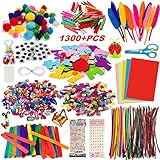 Bastelset Kinder, 1300+PCS DIY Basteln Bastelkoffer, Bastelzubehör Bastelmaterial Scrapbooking, Pfeifenreiniger, Pompons, Federn, Perlen, Wackelaugen, Pailletten Bastelbedarf für Kleinkinder