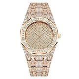 BARAMON Royalty Herren-Armbanduhr, Edelstahl, Quarz-Uhrwerk, männliche Uhr, voller Diamant, leuchtende Zeiger, wasserdichte Armbanduhren für Herren, Roségold