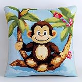 WallustrioaW Kissen Knüpfen Kit Affe auf Ast,Knüpfkissen Set Für Anfänger Erwachsene Oder Kinder Zum Selber Knüpfen,DIY Knüpfteppich Knüpfpackung,43x43cm