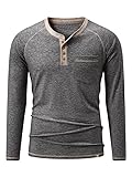 Meilicloth Langarmshirt Herren Baumwolle Henley T-Shirt Hemd Taste Knopfleiste mit Taschen Grau M