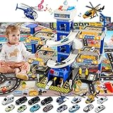 BuzzoXerex 5 Stockwerke Parkgarage für Kinder, Autorennbahn mit 14 Autos und 2 Hubschrauber, Spielzeug Parkhaus mit Aufzug, Verfolgungsjagd, Licht & Sound, Geschenke für Kinder (Polizei)