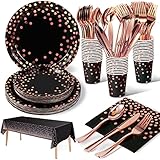 141Stück Schwarzgold Partygeschirr,Partyzubehör Pappteller Set,Wiederverwendbar ​Papier Geschirr Set einschließlich Tischdecke Teller Becher Servietten zum Geburtstag,Hochzeiten,Jubiläums(20 Gäste)
