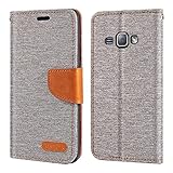 Shantime Oxford Stoff Flip Wallet Hülle Kompatibel mit Samsung Galaxy J1 6 Duos LTE, Robuste Magnetische Hülle mit Kartenfächern und Standfunktion(Grau)