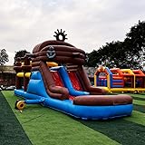 Groß Hüpfburg mit Gebläse 9x3,5x5m, Piratenschiff Theme Riesenrutsche, hüpfburgen aus 0,55mm PVC geeignet für Kinder Aufblasbare Rutschbahn mit Sicherheits-Auslauf Outdoor Garten