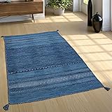 Paco Home Wohnzimmer Natur Teppich m. Fransen, Handgewebter Muster Kelim, 100% Baumwolle, Grösse:60x110 cm, Farbe:Blau