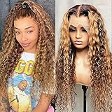 Alibeauty Highlight Ombre Lace-Front-Perücke aus Echthaar, vorgefranst mit Babyhaar, Honigblond, 13 x 4 Hd, transparent, gluefrei, Spitzenfront, Wasserwelle, Perücke