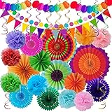 Huryfox Bunte Party Deko für Gartenpartys, Geburtstage und Karneval - 33 Stück mit hängenden Papier Lüfter, Regenbogen Pompons, Tissue Bänder und Wimpelketten Girlande für Feste, Hochzeiten & mehr