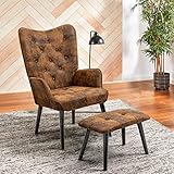 AVAWING Sessel mit Hocker Ohrensessel Fernsehsessel mit Rubberwood Beinen, Relaxsessel Loungesessel für Wohnzimmer, Schlafzimmer, Büro, Mikrofaser, Braun