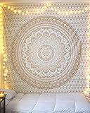 THE ART BOX Indie Wandteppich Baumwolle Mandala Wandbehang Deko Teppich Aesthetic Room Decor Dekoration Wandtuch/Strandtuch Wohnzimmer Indische Tücher Schlafzimmer, Gold und Weiß 75x100 Cm