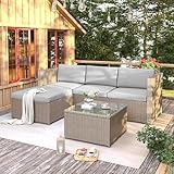 Jtyca Lounge Gartenmöbel Set, Poly Rattan Balkonmöbel Set, Ecksofa für Draußen, Outdoor Sofa mit Sitz- und Rückenkissen, Lounge-Tisch mit Glasplatte, Khaki