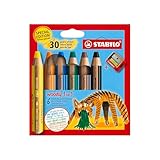 STABILO - Buntstift, Wasserfarbe & Wachsmalkreide - woody 3 in 1 - Geburtstags Edition - Tiger - 6er Pack mit Spitzer - 6 Farben
