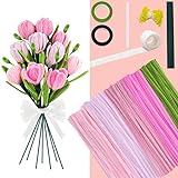 Pfeifenreiniger Blumen Set - 500 Stück Pfeifenputzer zum Basteln für DIY Blumenstrauß, mit Blumenstöcke,Anleitungen, Geschenkband, Staubgefäße und Blumentasche (Rosa tulip)