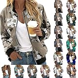 Jacke Damen Casual Bomberjacke Blumenmuster Leichte Fliegerjacke Sweatjacke Langarm Reißverschluss üBergangsjacke Stehkragen Outwear Kurz Coat Pilotenjacke Kurzjacke Kurz Coat College Jacke