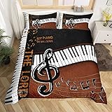 Luxuriöses Klavier-Bettwäsche-Set für Queen-Size-Bett, Musik-Liebhaber, 3-teilig, für Kinder, Teenager, Jungen, Mädchen, Raumdekoration, schöner Musik-Bettbezug, brauner Vintage-Steppbezug mit 2