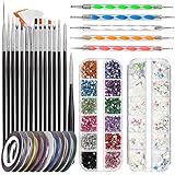 Nail Art Pinsel Set, FANDAMEI 15 Stücke Nagel Pinsel Schwarz, 5 Stk. Dotted Pen, Strasssteine Nägel, Ultra Dünn Nagel Pailletten, 10 Rolle Streifenband Nägel für Nagelkunst Maniküre Set