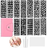 Nagel Stempel Schablone Set 12 Pcs DIY Schaber Nail Art Set Blumen Geometrische Muster Nail Stamper Stempel Silikon French Schablonen Tool Kit für Maniküre DIY Image Drucken