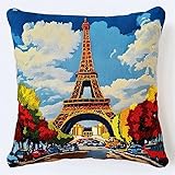 Stadtbild DIY Knüpfen Set Anfänger,Eiffelturm,Knüpfkissen Wurfkissenbezug,Sofakissenbezug Mit Bedruckter Leinwand Für Anfänger Und Erwachsene,17x17in