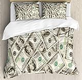 Ambesonne Bettwäscheset mit Geldschein-Motiv, Haufen von Dollar mit Ben Franklin Portrait Reichtum, dekoratives 3-teiliges Bettwäsche-Set mit 2 Kissenbezügen, King-Size, hellgrün-grau