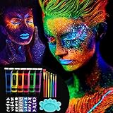 19 Stücke UV Farbe Schminke,6 x 25ml,Fluoreszierende Farben im Schminkset,Körperfarben Set,Schminkfarben Kinder,Schwarzlicht Kinderschminke Set,Glitzer Schminke,Neonfarben Bodypainting
