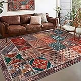 Rug-QJDDUP Teppich Wohnzimmer groß 200 x 300 cm Bunt Patchwork Vintage Design Rot Braun Grün Rosa Orange Muster Wohnzimmerteppich Kurzflor Weich Moderne Waschbar rutschfest