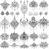 EGMBGM 15 Blätter Sexy Schwarz Lotus Temporäre Tattoos Frauen Damen Hochzeit Bräute, Tribal Fake Schmuck Anhänger Spitze Mond Motte Blumen Temporäre Aufkleber Mädchen Arm Hals Hände Juwelen