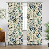 Generisch Vorhänge Blickdicht Paisley Blumen - Verdunklungsvorhänge mit Ösen Retro Vintage Boho Wohnzimmer Gardinen Vorhänge kurz Schlafzimmer Kinderzimmer Decor - 2er Set - H137 x B117cm