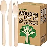 Einwegbesteck 500 Stück [200 Löffel, 200 Gabeln, 100 Messer] Alternative zu Kunststoffbesteck Holzutensilien-Set – umweltfreundliche Gabeln, Löffel, Messer, Partyzubehör