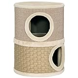 Kratztonne, 49 cm hoch, Ø35,5 cm zweistöckige Katzentonne mit Plüschrand Kratzmatte, 2 Höhle Khaki+Kaffee