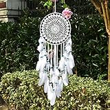 EasyBravo großer Traumfänger im Boho-Stil, mit weißer Feder und blauen Perlen, Makramee, Wandbehang für Vintage-Hochzeit oder zur Heimdekoration, 25 cm großer Kreis, 70 cm lang