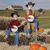 Lustige, animierte Duell-Banjo-Skelette, Country-Skelettmusiker mit leuchtenden Augen, Halloween-Musik-Skelette für Spukhaus-Party, Inneneinrichtung, Rot + Gelb