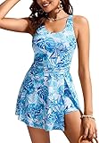 Kate Kasin 2 Stück Badekleid für Frauen Tummy Control Split Skirt U Neck Badeanzug mit Boyshort Flower and Plant Print Blue Leaves S