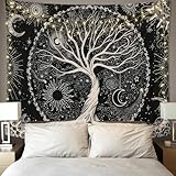 Betylifoy Baum des Lebens Tapisserie Mond und Sonne Schwarzer Wandbehang Tapisserie Psychedelisches Mandala Sternenhimmel Wandteppich Hippie Tapisserie für Schlafzimmer (130x150cm)