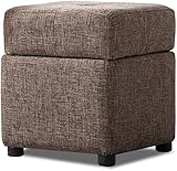 Hellbrauner Fußhocker, Ottomane mit Stauraum, Leinenstoff, Sitzwürfel, stilvolle Fußstütze, Stuhl für Wohnzimmer und Schlafzimmer, 4 Holzbeine, vielseitige Akzentmöbel