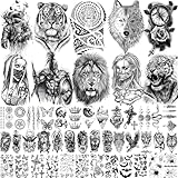 49 Blatt Groß Maori Schwarz Temporäre Tattoos Damen Herren Klebetattoos Erwachsene, Halloween Arm Löwe Wolf Tiger Krieger Schädel Fake Tattoos Aufkleber Männer Frauen, Rose Blume Tattoo zum Aufkleben