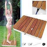 @tec Gartendusche Aussendusche aus massivem Teak-Holz, Mobile Bodendusche Campingdusche, Sauna- & Pool-Dusche mit Bodenplatte für den Garten, Outdoor Shower - eckig 70x55cm