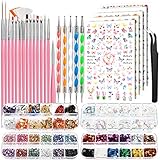 Nail Art Pinsel und Dekorationen Set, FANDAMEI 15 Pcs Pinsel, 5 Blätter Nagelsticker, 5 Pcs Dotted Pen, Strasssteine, Irisierende Pailletten, Schmetterling Glitzer, Blattgold für Nagelkunst (Rosa)