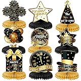 DPKOW Silvester Deko 2025, 9 Stück Schwarz Gold Neujahr Deko Happy New Year Honigwabe Mittelstücke 2025 Deko Silvester Party-Tischaufsätze für Silvester Tischdeko 2025 Silvesterdeko Accessoire