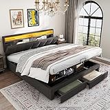 Rtopsu Polsterbett Doppelbett 160x200 cm mit LED-Beleuchtung, Hydraulisch Bett mit Stauraum Schubladen und Kopfteil, Stauraumbett Bettgestell mit Bettkasten und Lattenrost, Leinen, Grau, Ohne Matratze