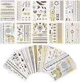PROACC Metallic Temporäres Tattoo – 16 Blätter Musik Festival Flash Gold Temporäre Tattoos für Frauen, 300 Designs Wasserdichter goldener Tattoo-Aufkleber für den Körper von Mädchen