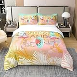 Hawaii Thema 100% Natürliche Baumwolle Bettbezug,Rosa Flamigo Bettwäsche Set für Kinder,Surfbrett Wellen Tröster Abdeckung 155x220,Sommer Strand Urlaub Bett Sets mit 1 Kissenbezug Schlafzimmer Dekor