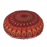 Ganesham Rundes Dekokissen im indischen Boho-Stil, Mandala, Tapisserie, Hippie, Rund, Sitzhocker, Ottoman, Mandala-Bodenkissen, 81 x 81 cm 80 cm rot