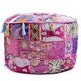 Aakriti Indian Pouf Fußhocker mit Stickerei Pouf, indische Baumwolle, Pouffe osmanischen Pouf Cover mit ethnischem Dekor Kunst - Cover (Pink, 46x33 cms)