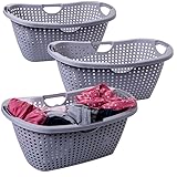 Livinja Wäschewanne 3er Set Grau, 60x40x26cm, Kunststoff, Oval mit Griffen und Belüftungslöchern, Stapelbar, Made in EU, Robuste Wäschebox zur Aufbewahrung und Transport von Kleidung