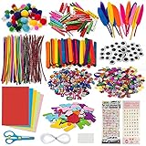 1300 Stück Bastelset Kinder DIY Bastelkoffer Basteln Zum Bastelbedarf Bastelsachen with Pfeifenreiniger Bunt, Pompons, Kulleraugen, Federn, Bastel Set für Kleinkinder