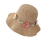 MKLQLS Sonnenhüte für Damen,Verstellbar,Faltbar,Schlapphut mit Breiter Krempe,Strohhut mit Blumenmuster,Ausgehöhlt,Atmungsaktiv,Strandhut Zum Spazierengehen,Reisen,Angeln,Khaki,M (56–58cm)