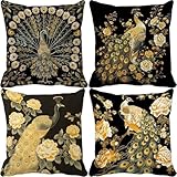 Outdoor Wetterfest Kissenbezug 75X75 CM 4er Set Schwarz und Weiß Sofakissen Blume Kissenbezüge Wasserdicht Leinen Outdoor Kissen HD Drucken Dekokissen für Garten Terrasse Bank Balkon Bauernhaus 0-I