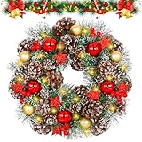 BBLTIFF Weihnachtskranz 35cm, Türkranz Weihnachten mit 30 LEDs, Christmas Wreath mit Kugel, Tannenzapfen, Beeren, Fünfzackiger Stern, Künstlicher Adventskranz für Haustür, Kamin und Wanddekoration