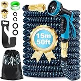 Jsdoin Gartenschlauch Flexibel 15m, Ausziehbare Garten Schlauch Dehnbarer mit 10 Funktions Gartenbrause, 1/2' 3/4' Adapter für Wasserschlauch Flexibler Garden Hose